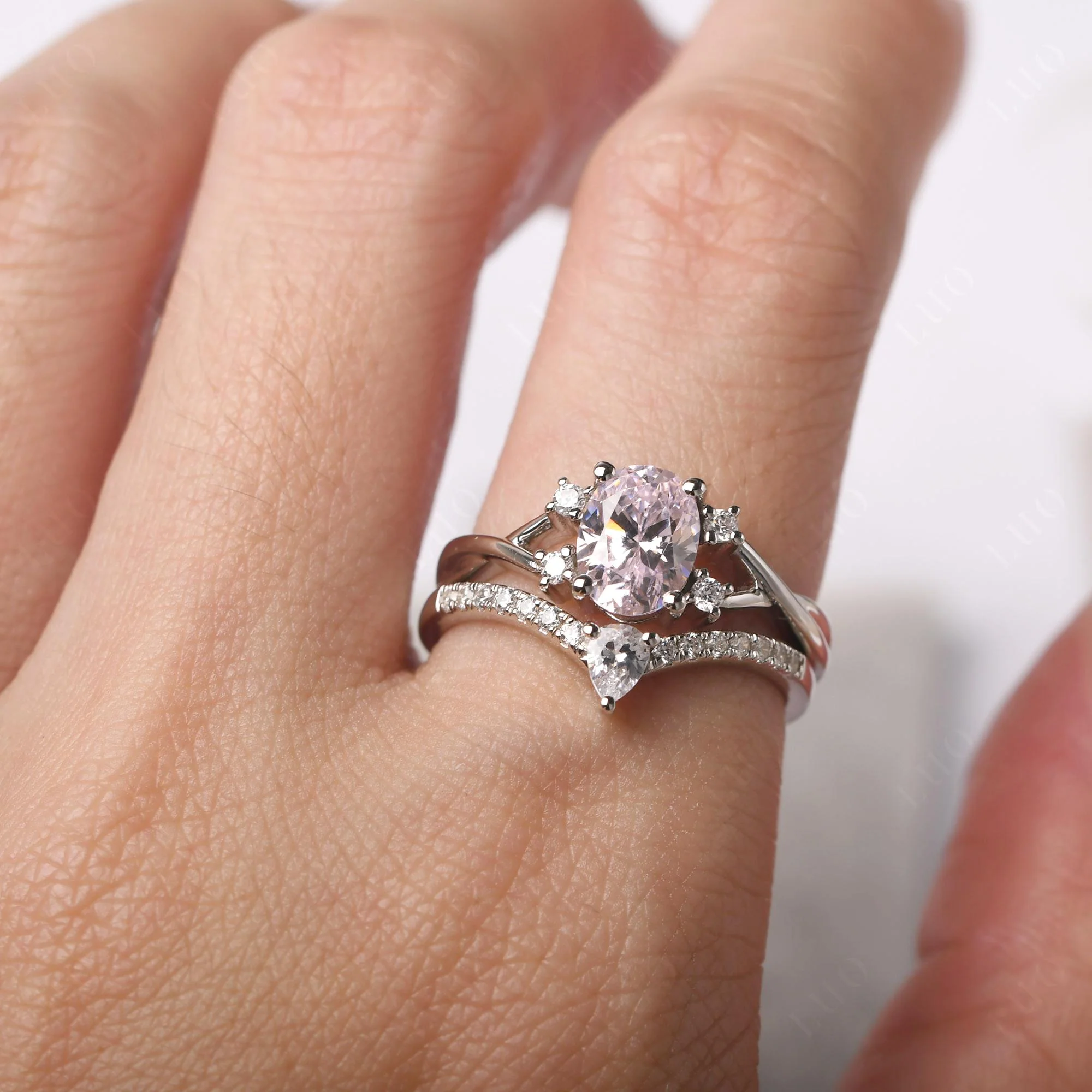 Pink Cubic Zirconia Oval Engagement Ring with Wedding Band - Image 33