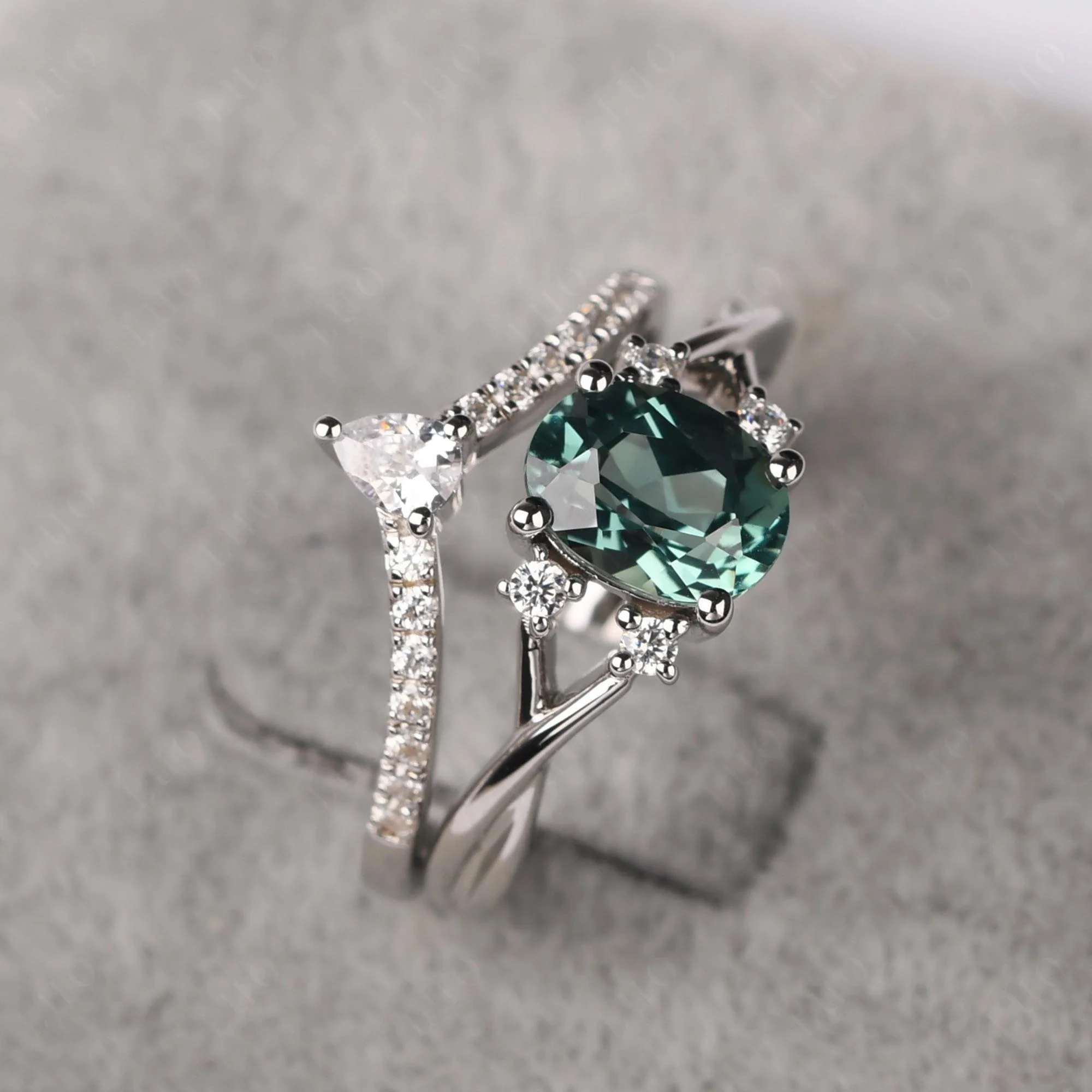 Green Sapphire Oval Engagement Ring with Wedding Band - Image 30