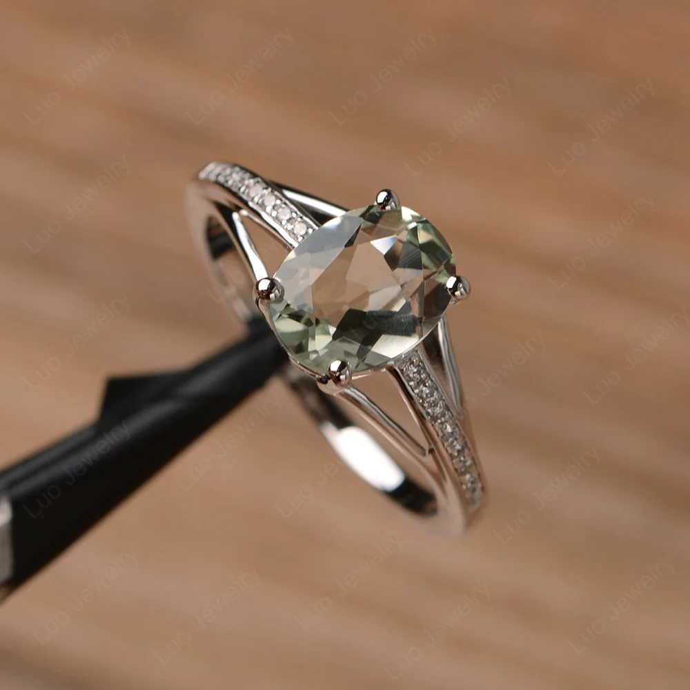 Split Shank Green Amethyst Oval Engagement Ring