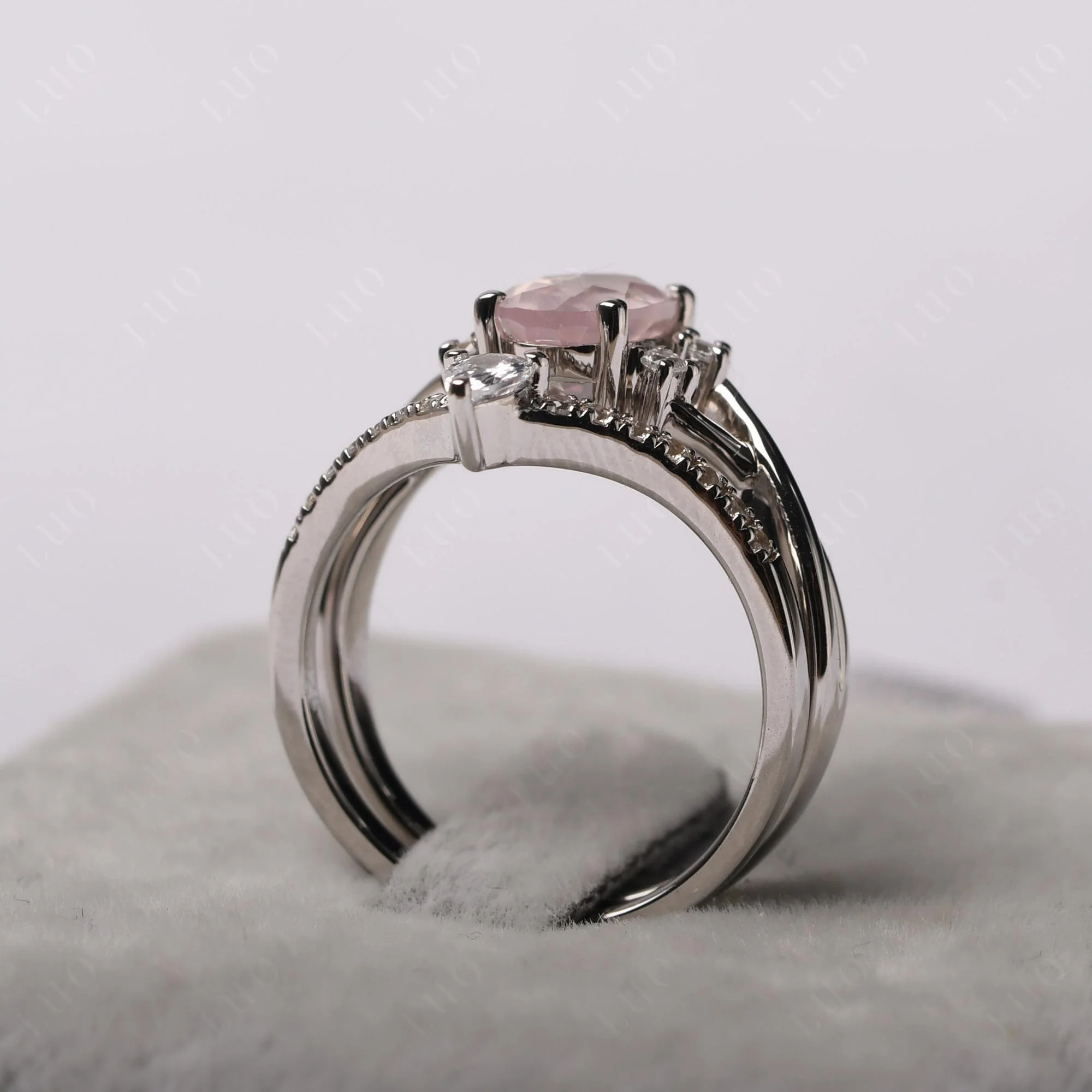 Rose Quartz Oval Engagement Ring with Wedding Band - Image 32