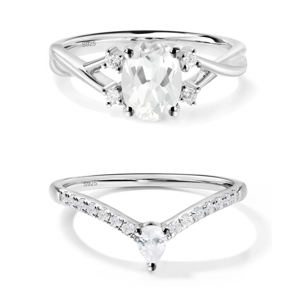 White Topaz Oval Engagement Ring with Wedding Band - Image 21