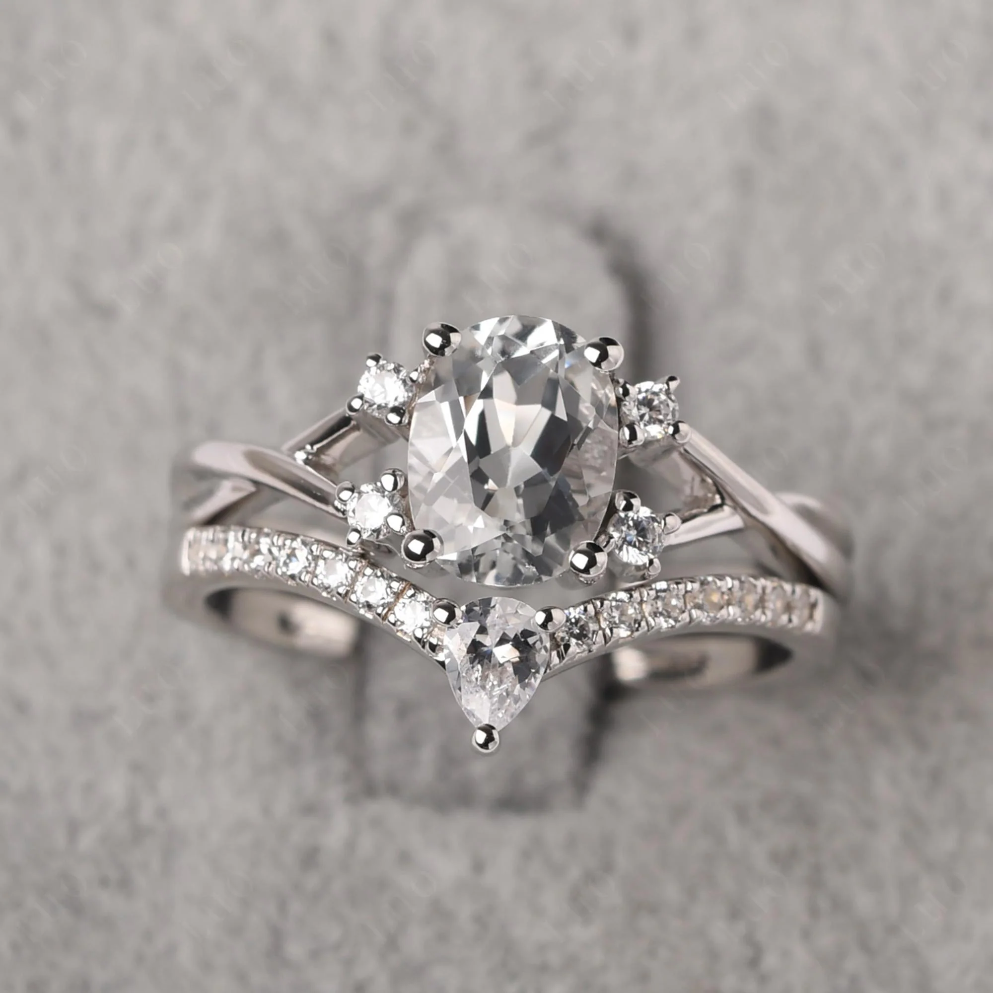 White Topaz Oval Engagement Ring with Wedding Band - Image 29