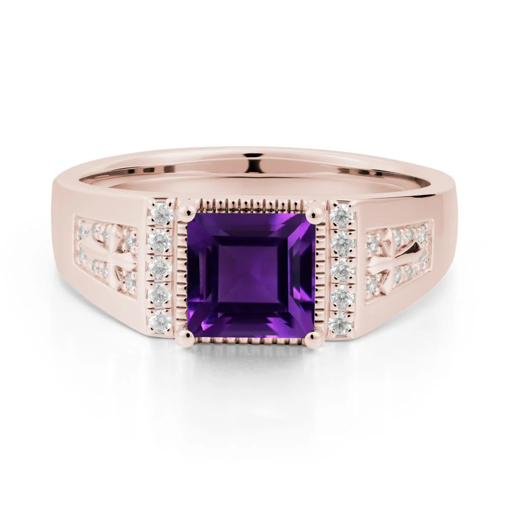 Square Amethyst Cross Ring for Men - Image 2