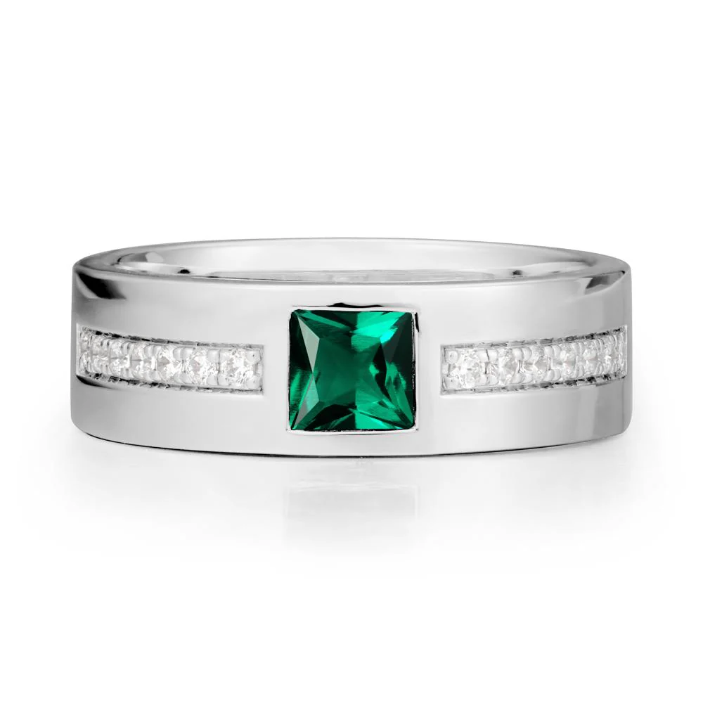 Square Emerald Ring with Pave Gems Band - Image 2