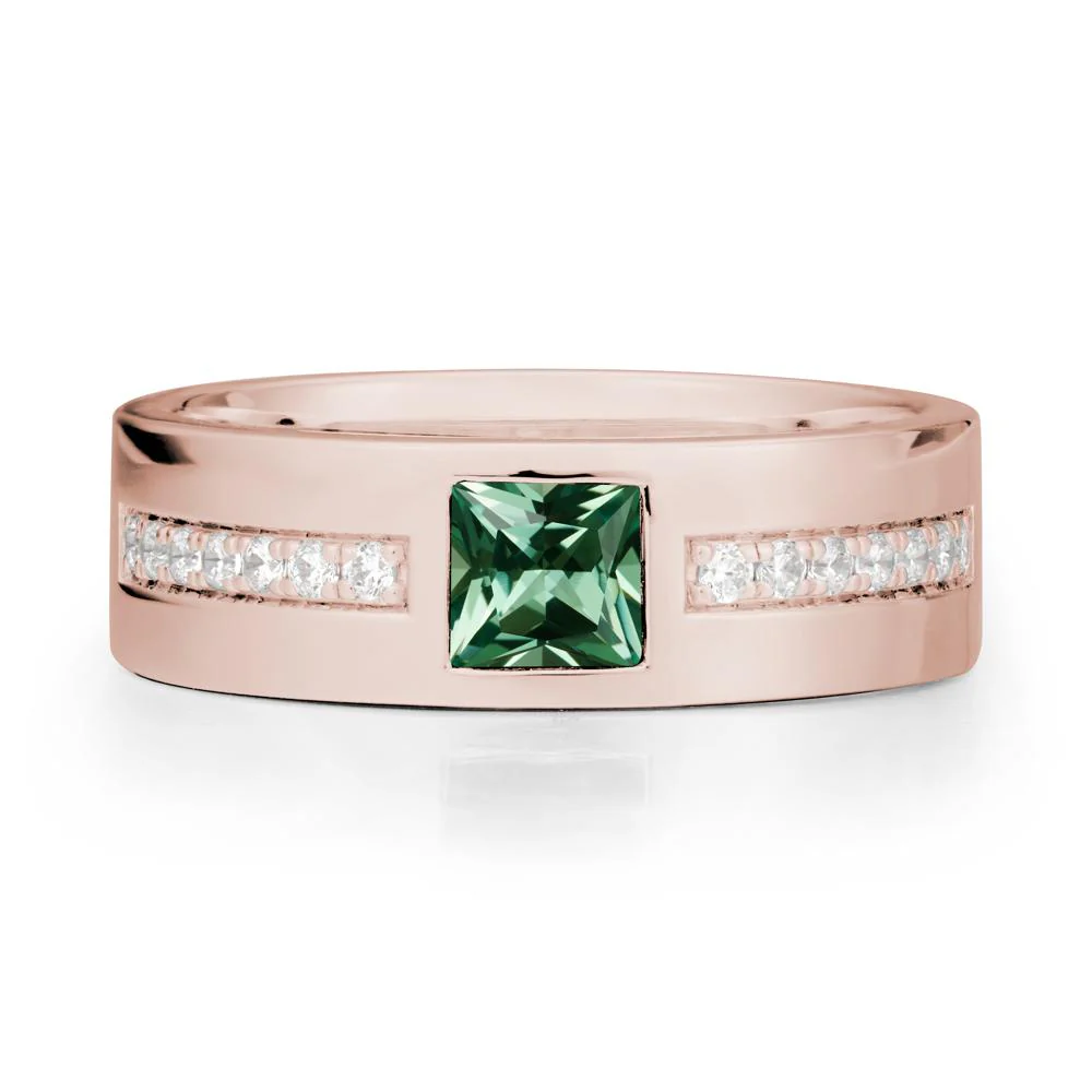 Square Green Sapphire Ring with Pave Gems Band - Image 2