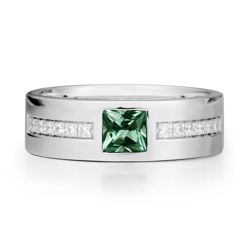 Square Green Sapphire Ring with Pave Gems Band - Image 5