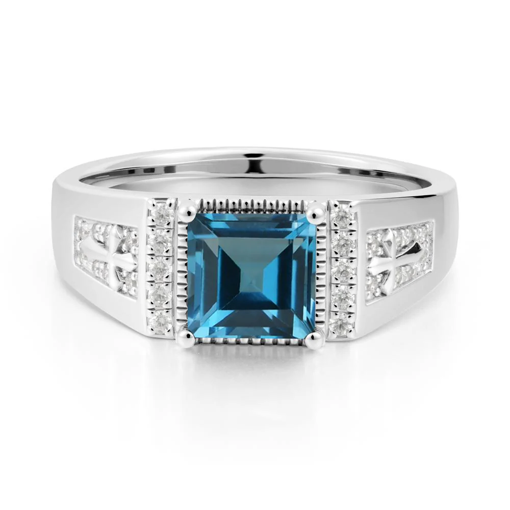 Square London Blue Topaz Cross Ring for Men - Image 3