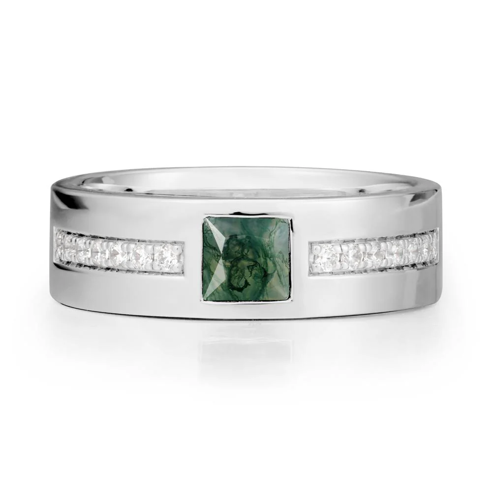 Square Moss Agate Ring with Pave Gems Band - Image 5
