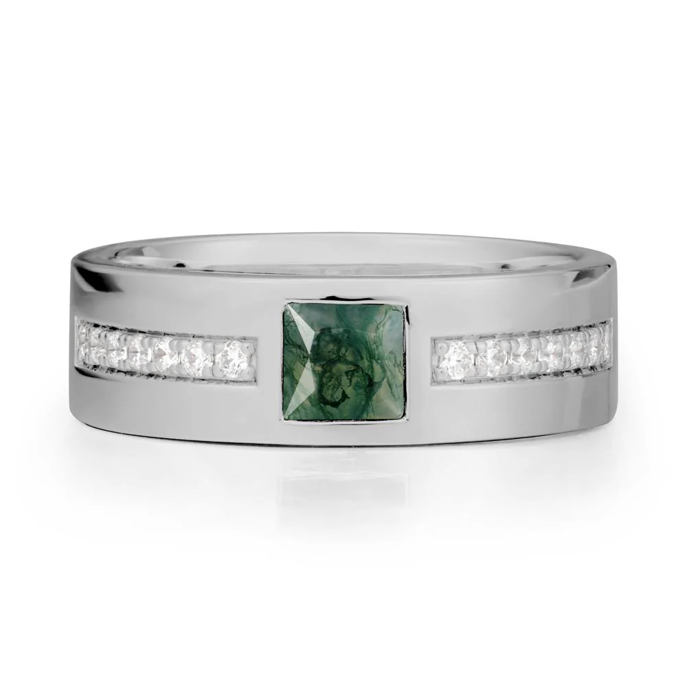 Square Moss Agate Ring with Pave Gems Band - Image 8