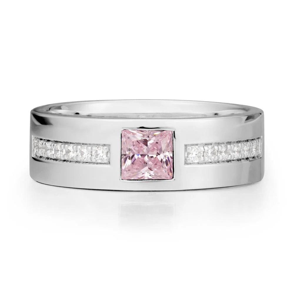 Square Pink Cubic Zirconia Ring with Pave Gems Band