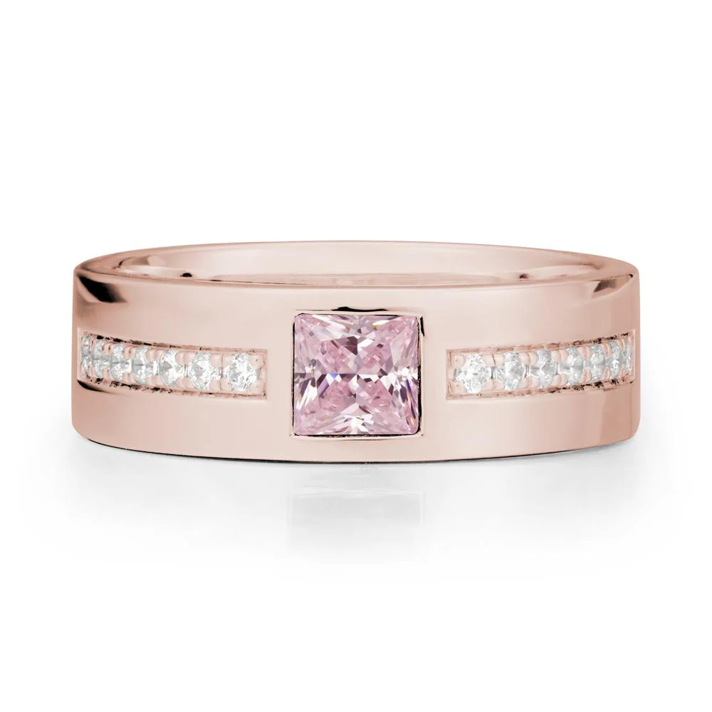 Square Pink Cubic Zirconia Ring with Pave Gems Band - Image 2