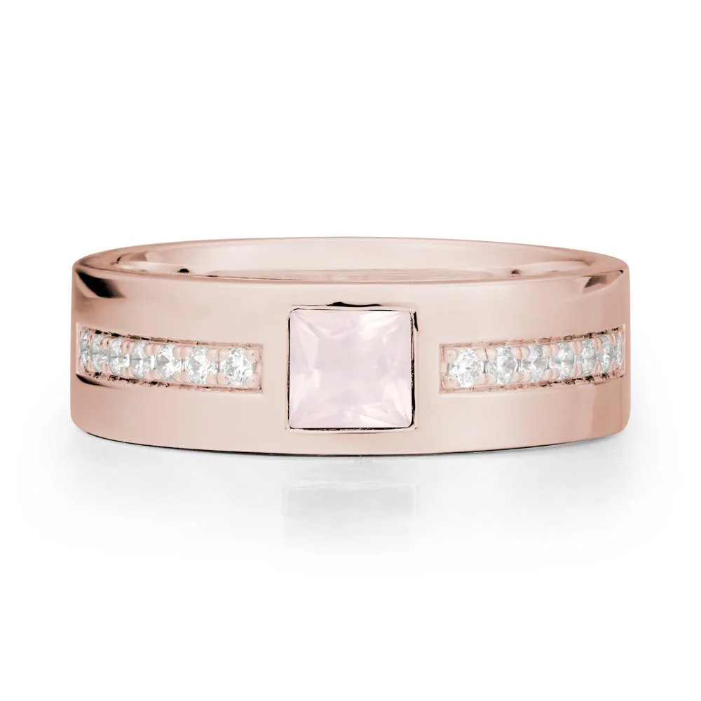 Square Rose Quartz Ring with Pave Gems Band