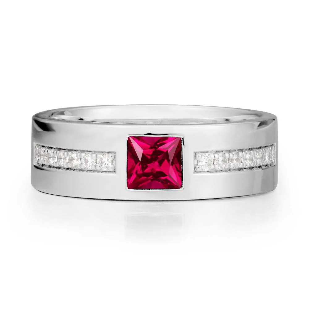 Square Ruby Ring with Pave Gems Band - Image 3