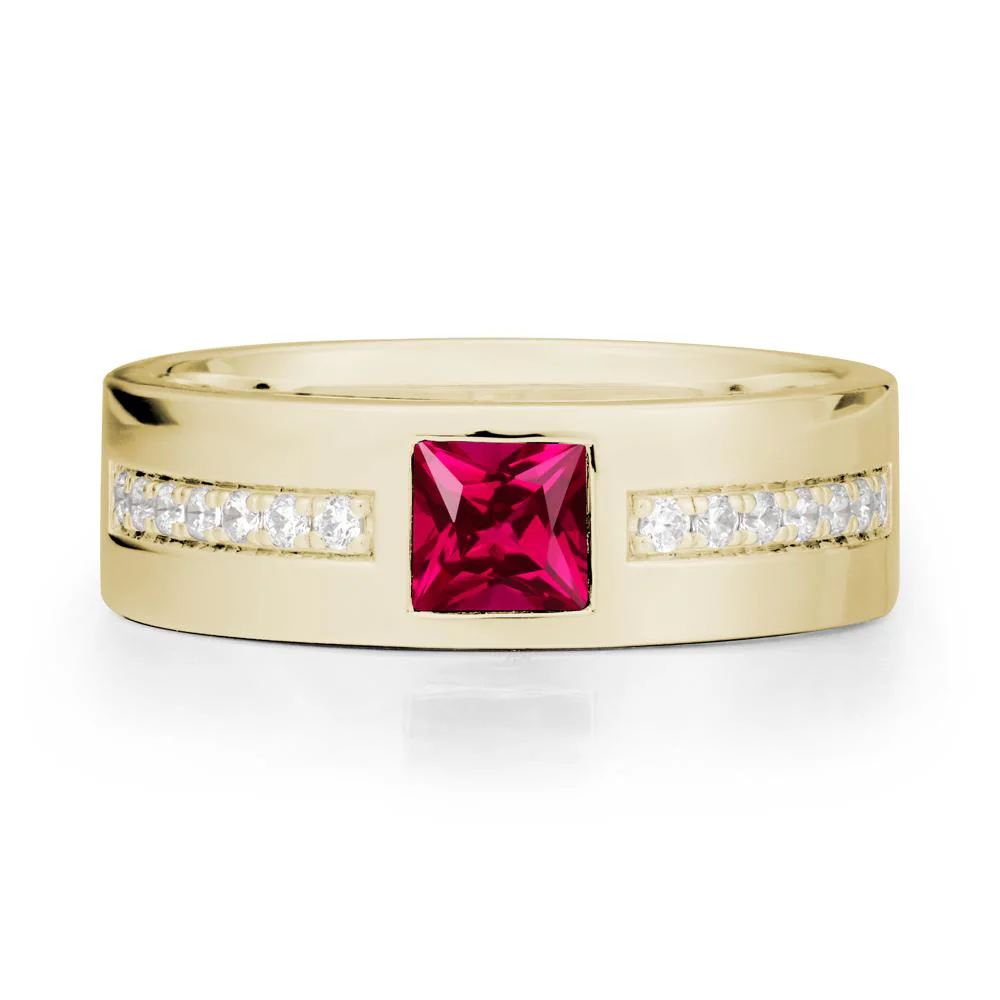 Square Ruby Ring with Pave Gems Band - Image 4