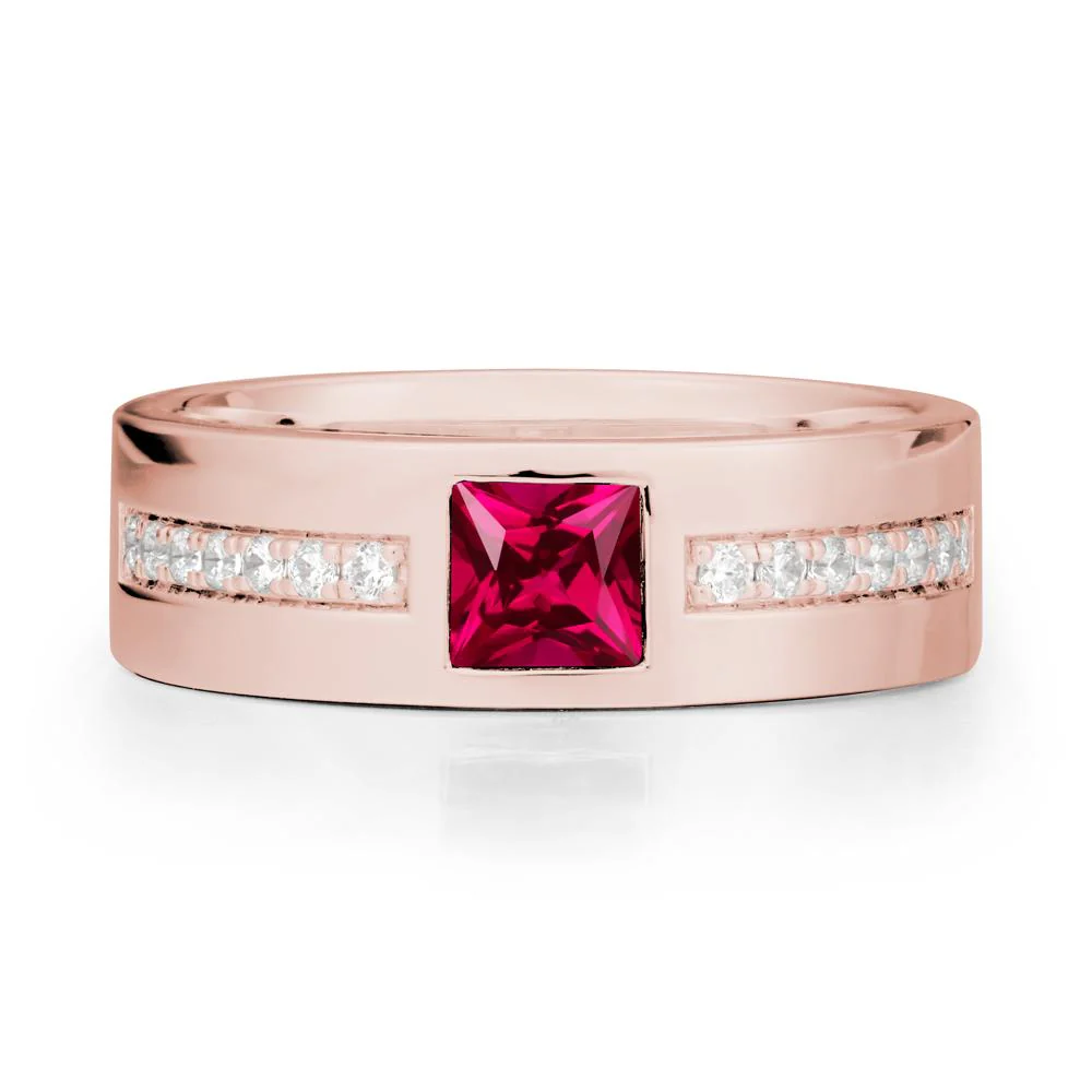 Square Ruby Ring with Pave Gems Band - Image 5