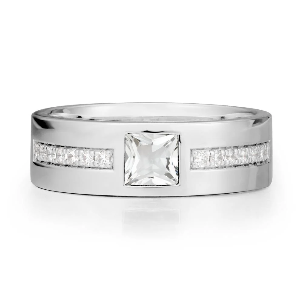 Square White Topaz Ring with Pave Gems Band - Image 2
