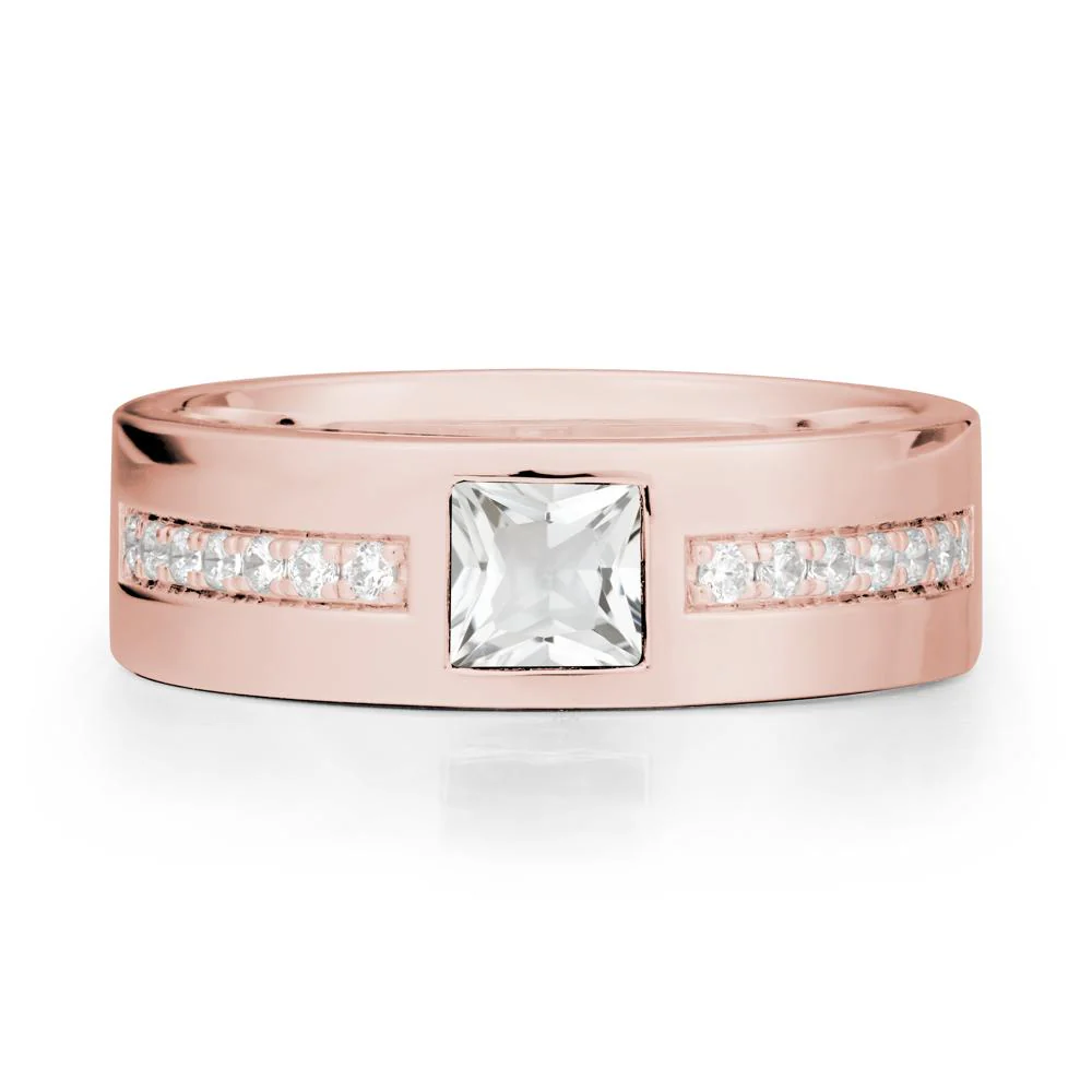 Square White Topaz Ring with Pave Gems Band - Image 4
