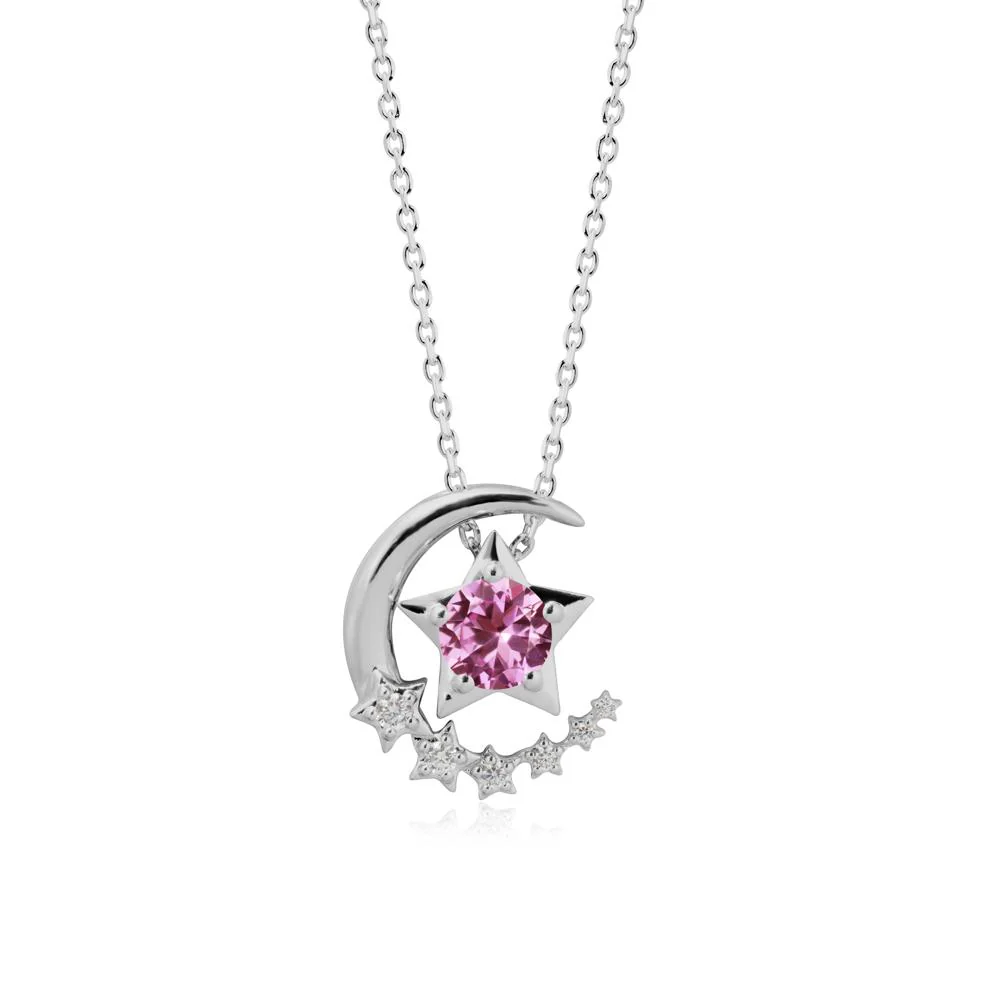 Star and Crescent Moon Pink Sapphire Pendant Necklace