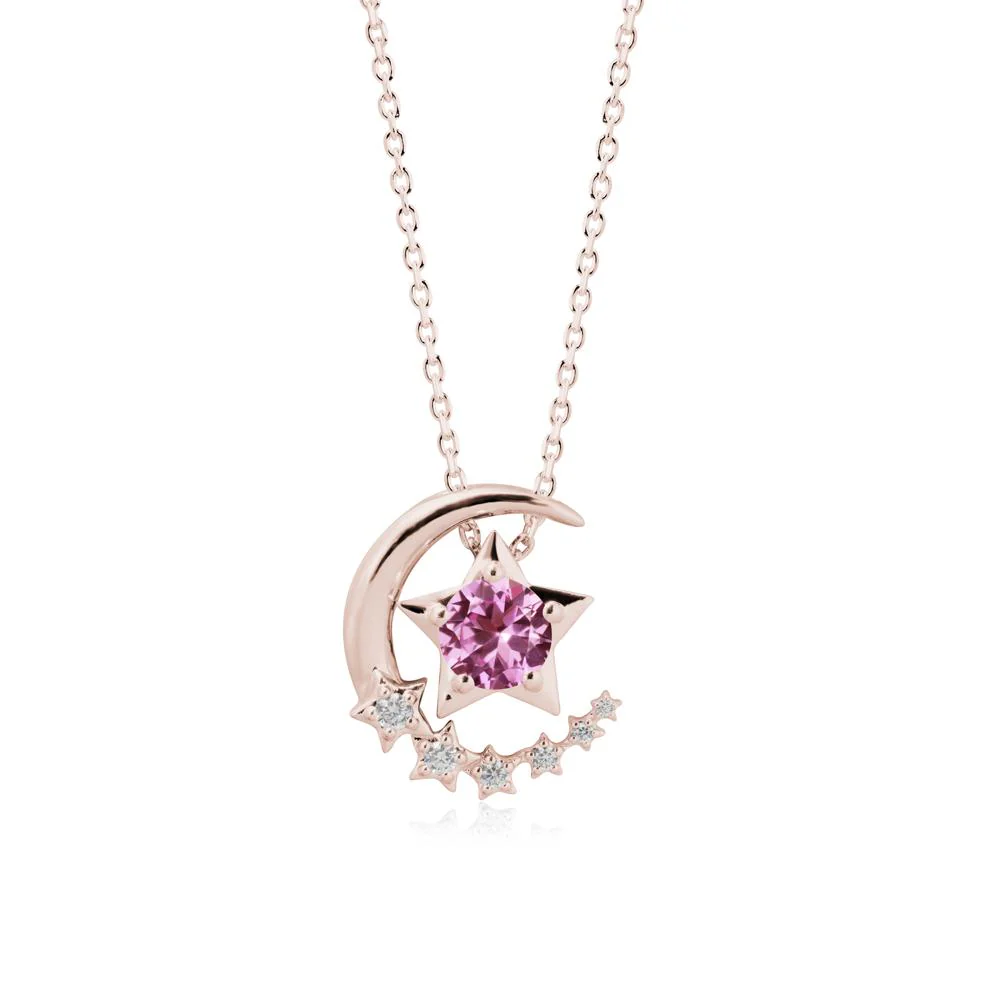 Star and Crescent Moon Pink Sapphire Pendant Necklace - Image 2