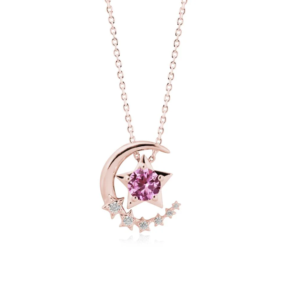 Star and Crescent Moon Pink Sapphire Pendant Necklace - Image 5