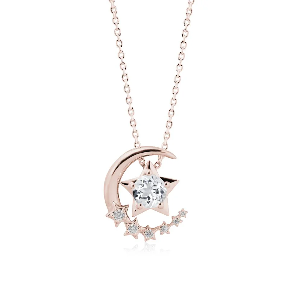 Star and Crescent Moon White Topaz Pendant Necklace
