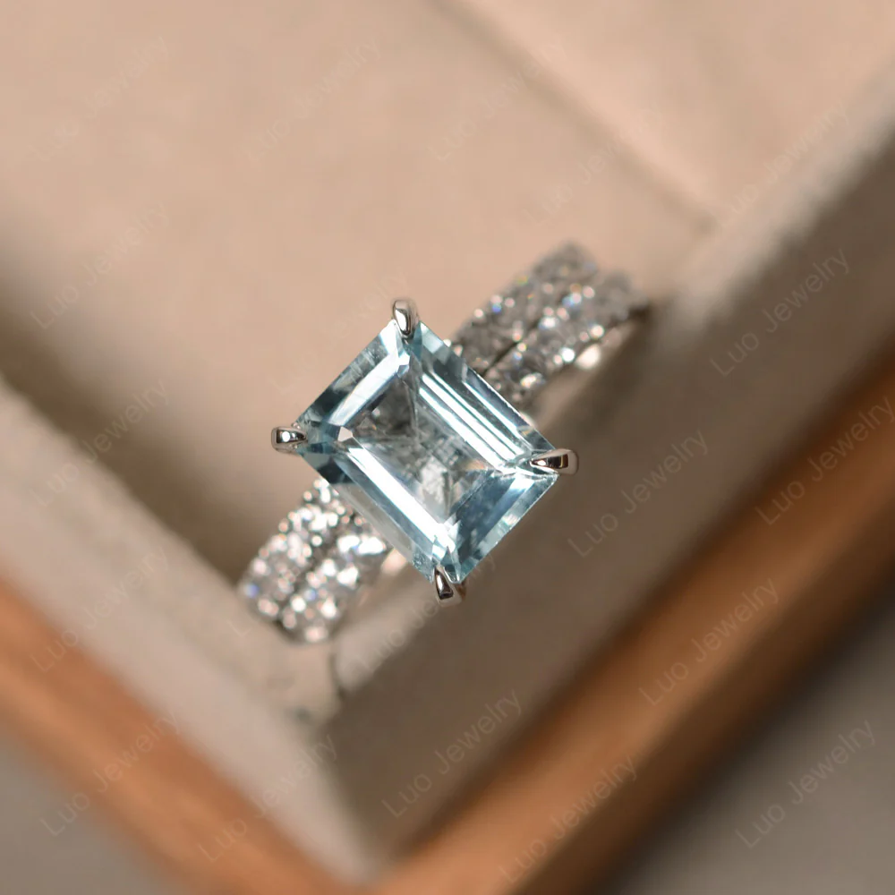 Aquamarine Emerald Cut Wedding Ring Sets - Image 2