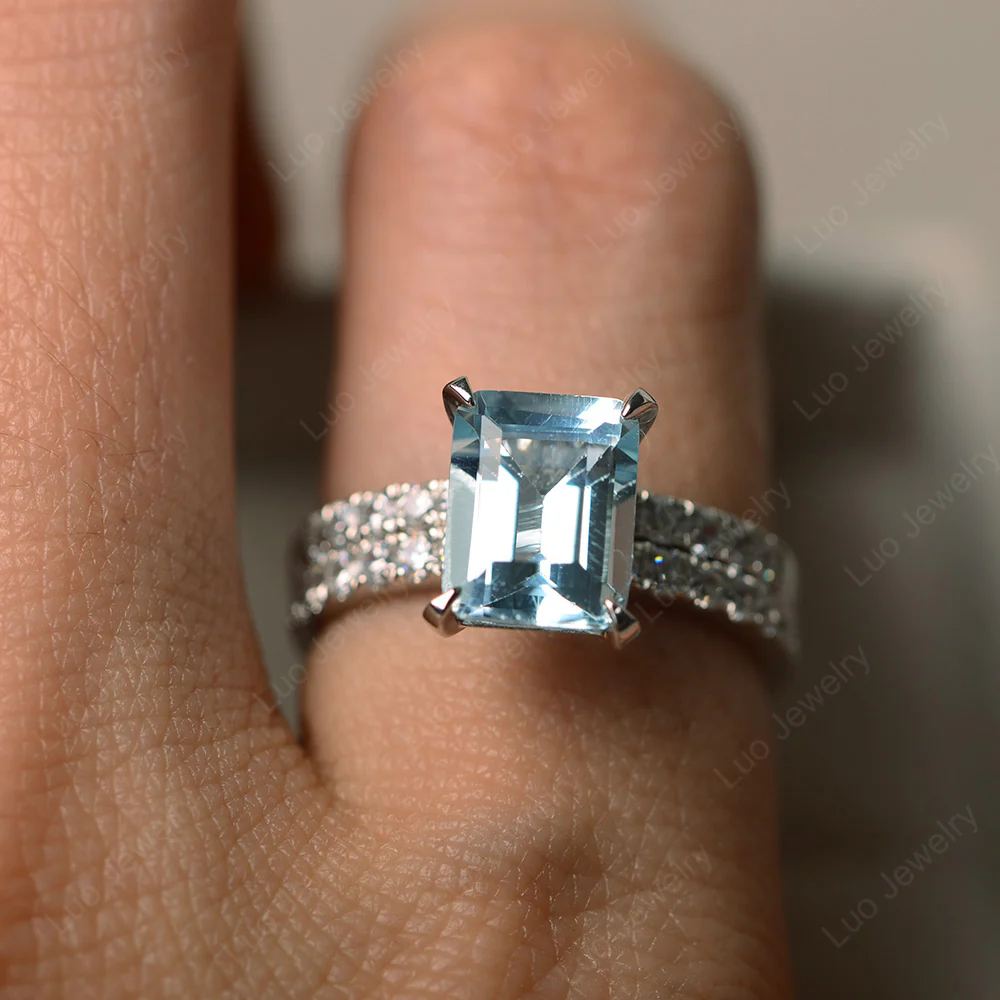 Aquamarine Emerald Cut Wedding Ring Sets - Image 5