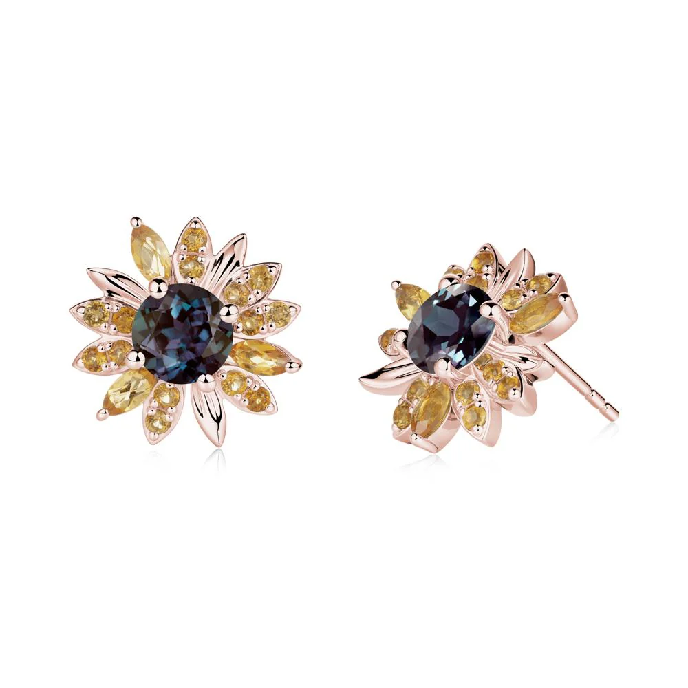 Sunflower Inspired Alexandrite and Citrine Stud Earrings - Image 6