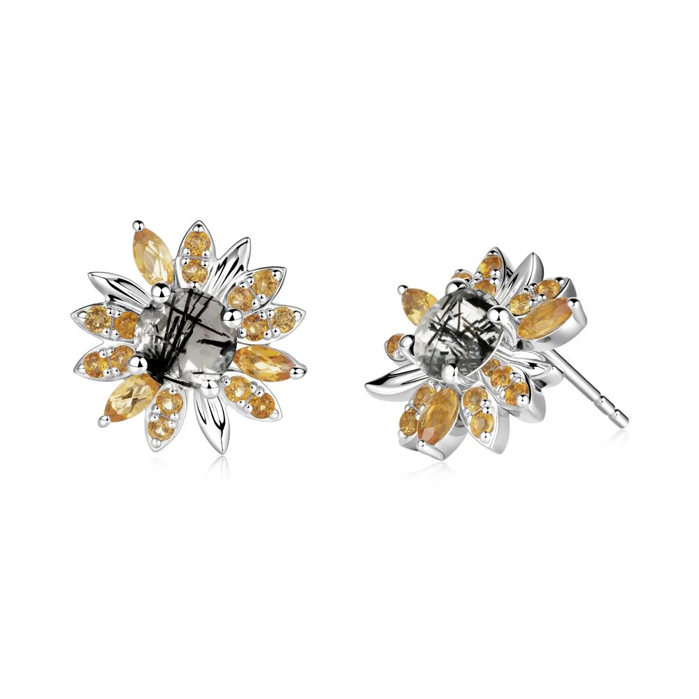 Sunflower Inspired Black Rutilated Quartz and Citrine Stud Earrings - Image 2