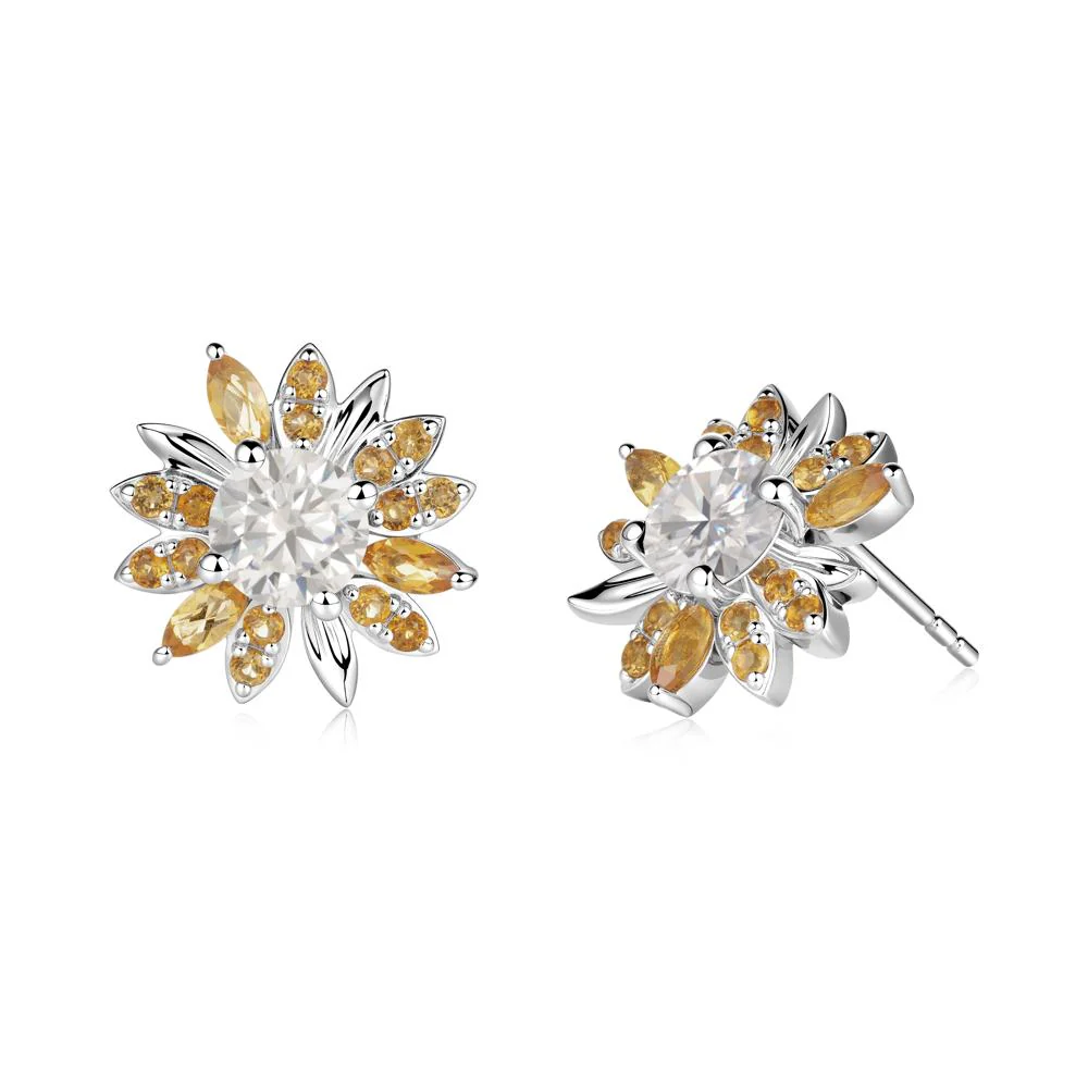 Sunflower Inspired Cubic Zirconia and Citrine Stud Earrings - Image 4