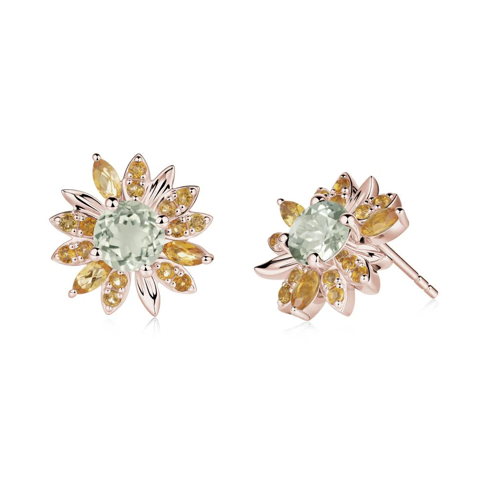 Sunflower Inspired Green Amethyst and Citrine Stud Earrings