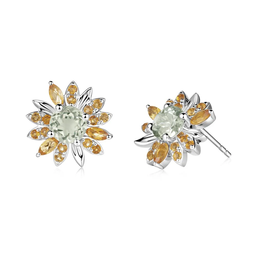 Sunflower Inspired Green Amethyst and Citrine Stud Earrings - Image 2