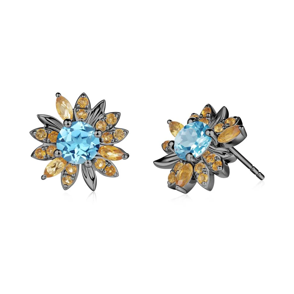 Sunflower Inspired Swiss Blue Topaz and Citrine Stud Earrings
