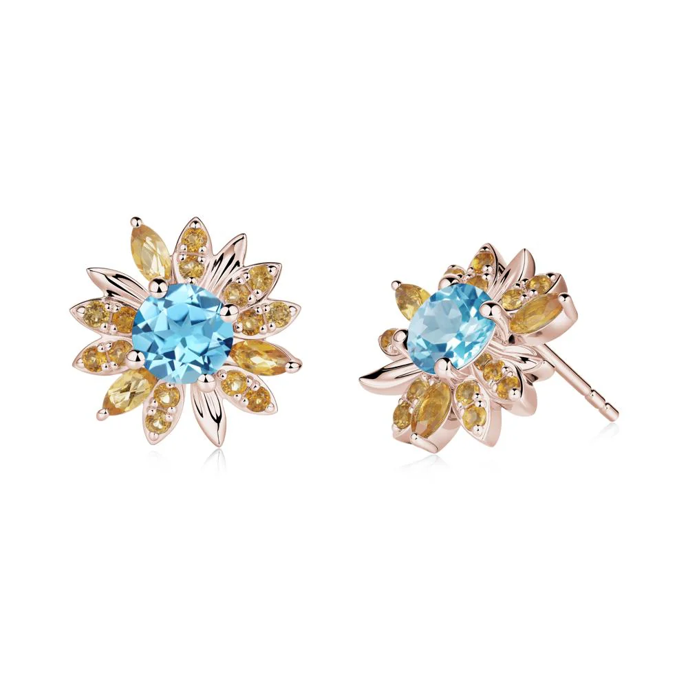 Sunflower Inspired Swiss Blue Topaz and Citrine Stud Earrings - Image 2