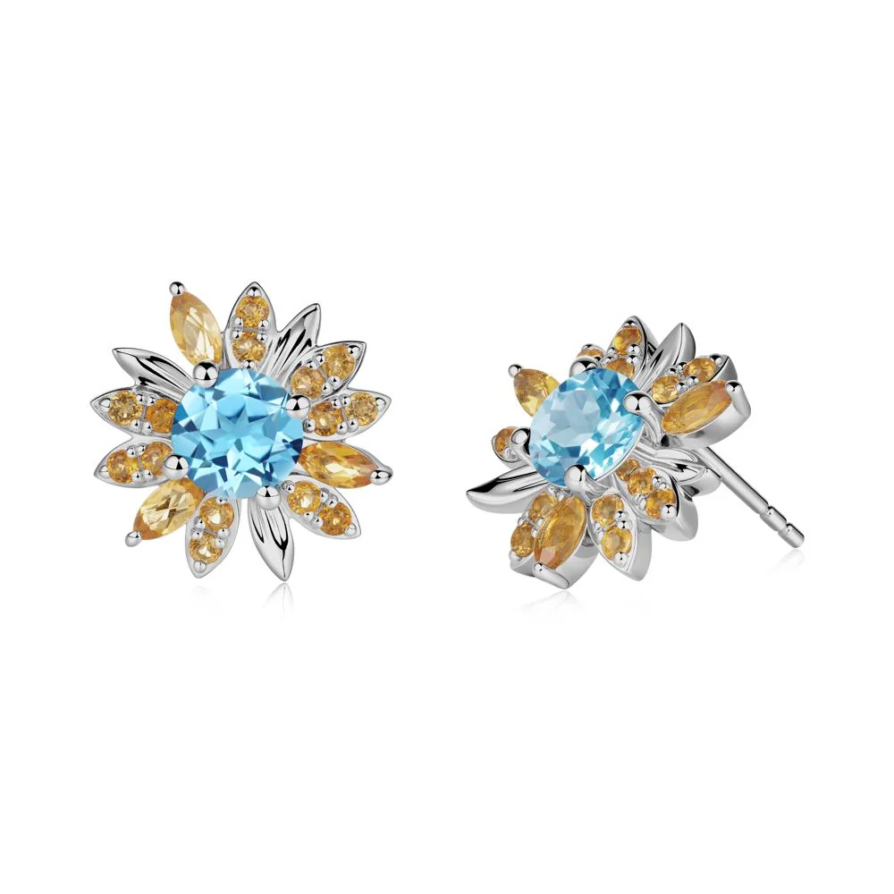 Sunflower Inspired Swiss Blue Topaz and Citrine Stud Earrings - Image 6