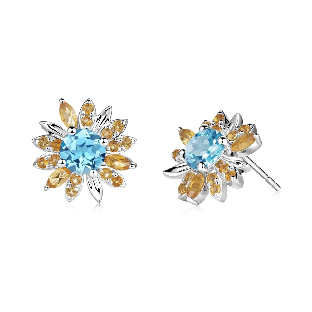 Sunflower Inspired Swiss Blue Topaz and Citrine Stud Earrings - Image 9