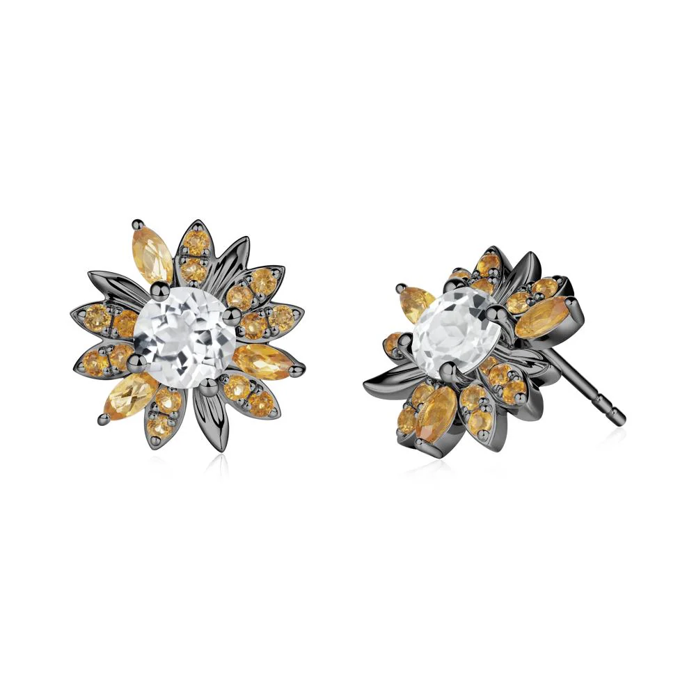Sunflower Inspired White Topaz and Citrine Stud Earrings