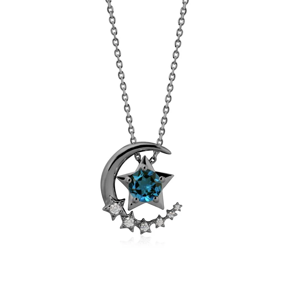 Swinging Star and Crescent Moon London Blue Topaz Necklace