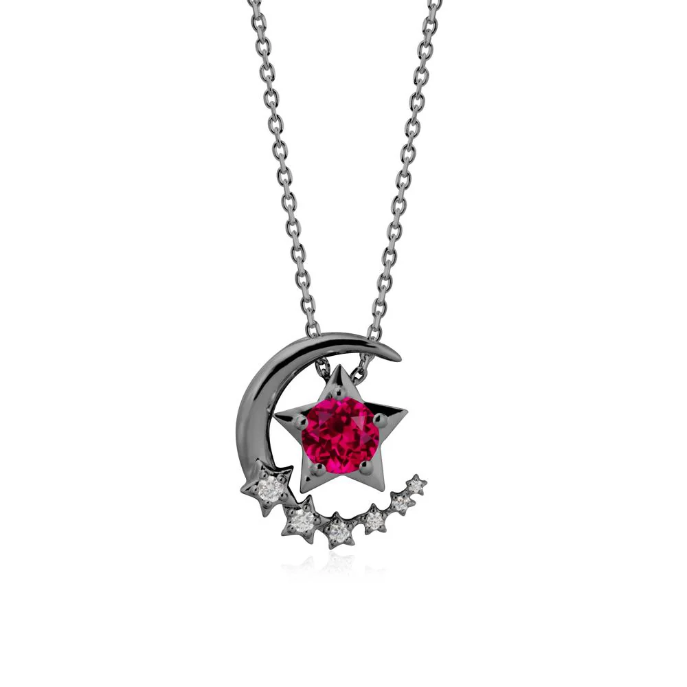 Swinging Star and Crescent Moon Ruby Necklace