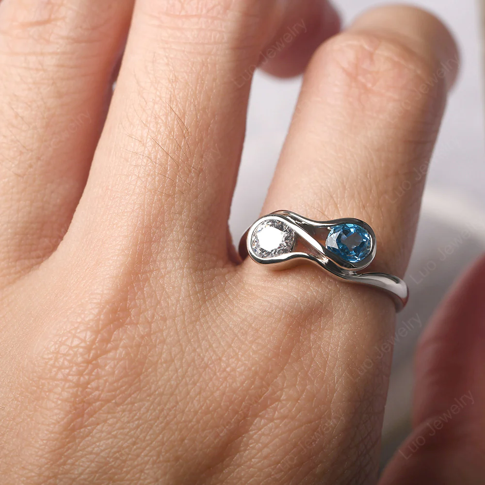 Cubic Zirconia and Swiss Blue Topaz Double Stone Engagement Ring - Image 5
