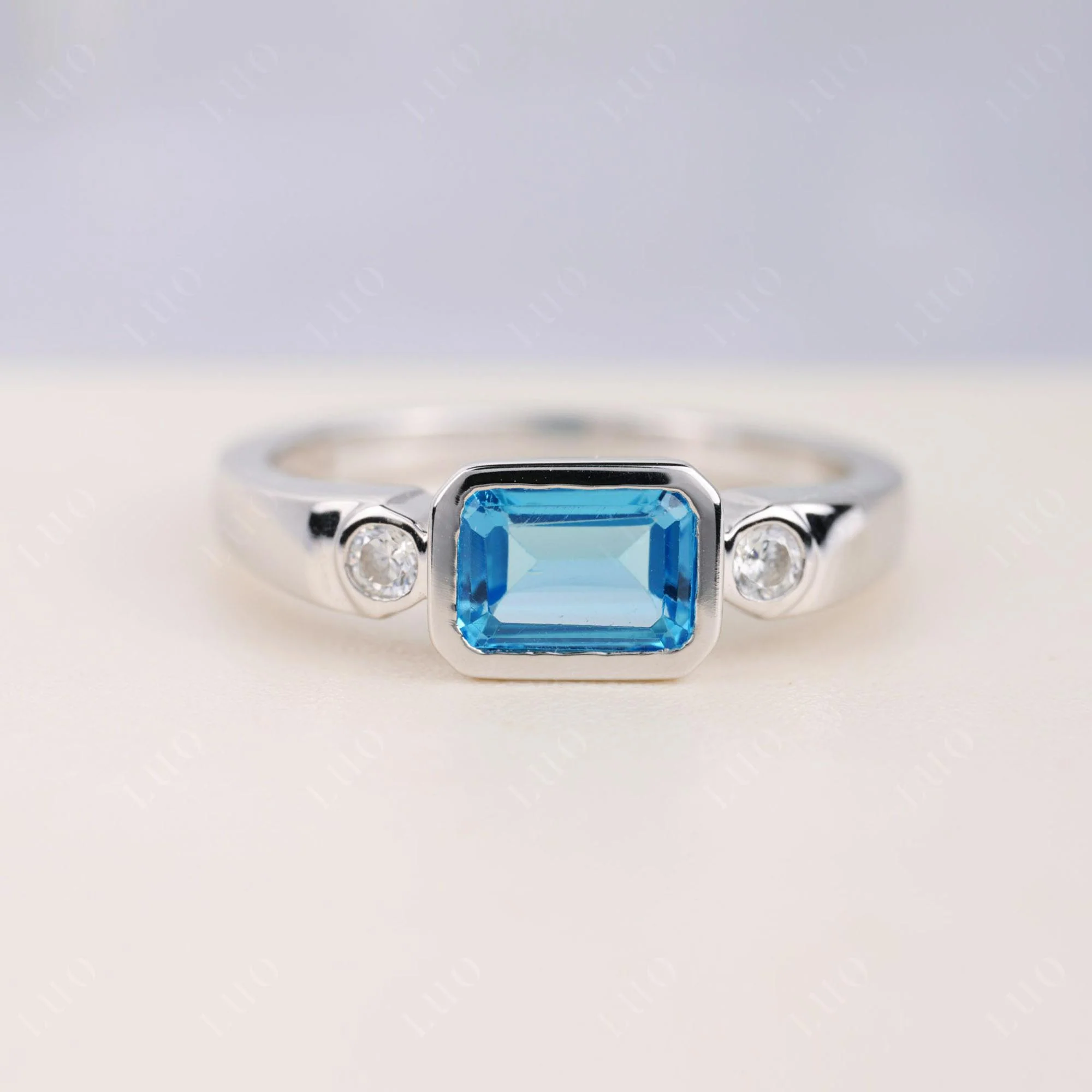 Swiss Blue Topaz Bezel Emerald Cut Ring