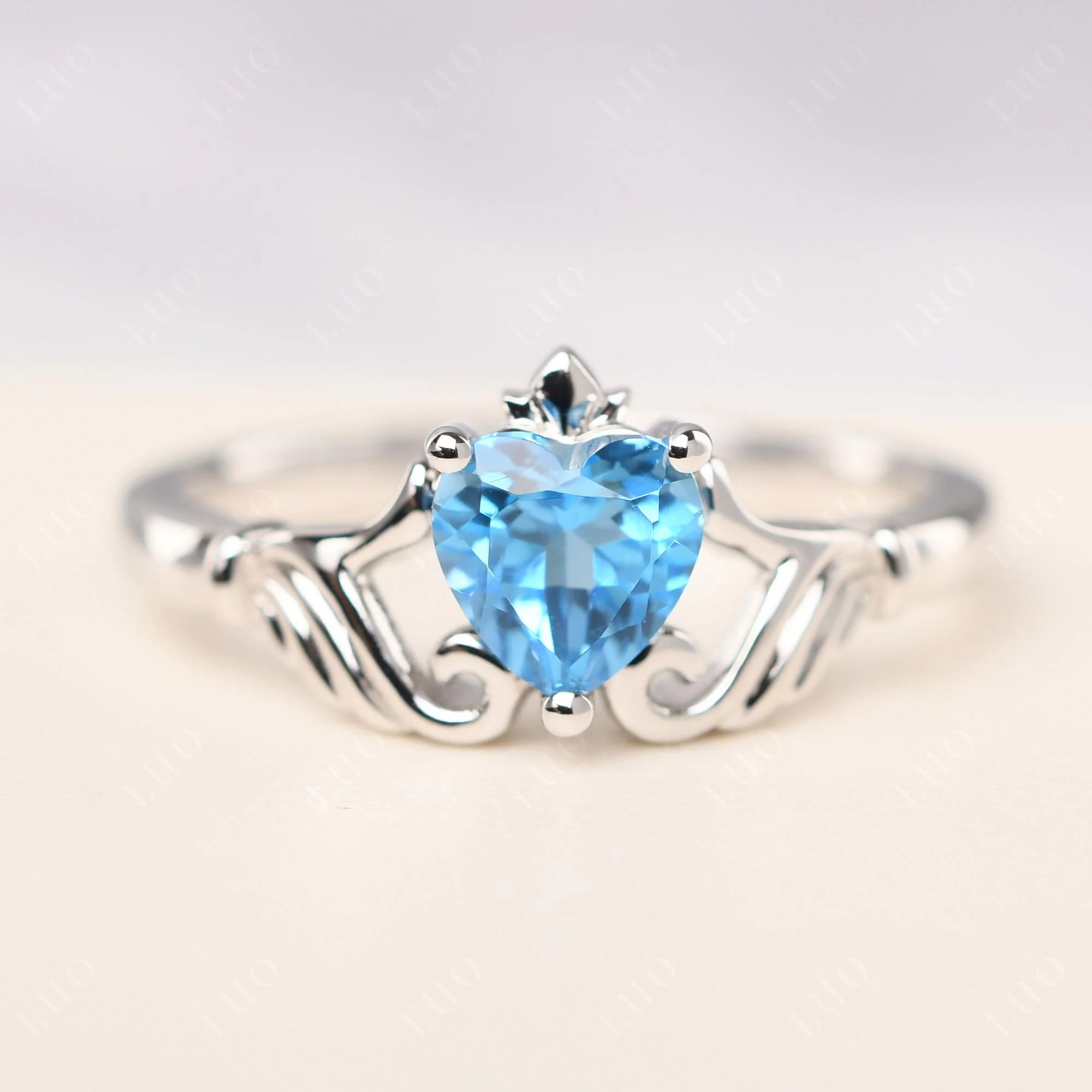 Heart Shaped Swiss Blue Topaz Claddagh Ring - Image 29