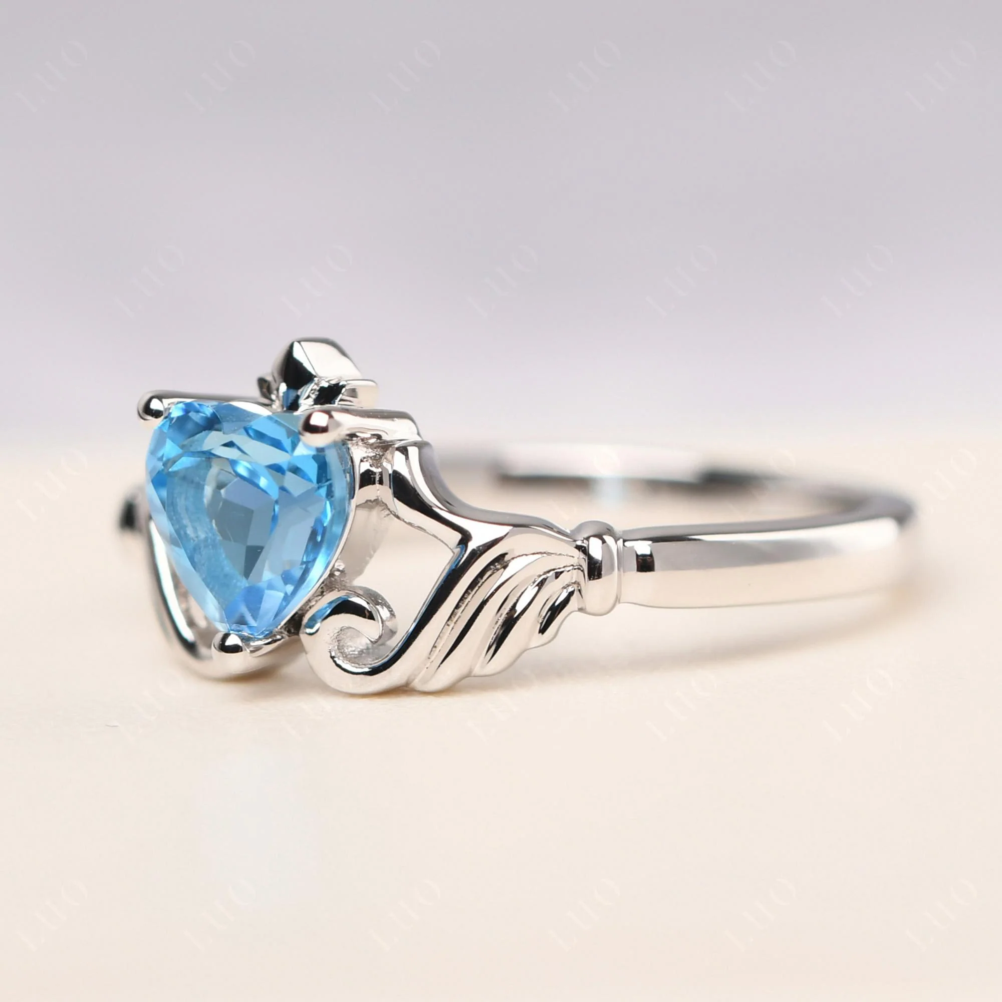 Heart Shaped Swiss Blue Topaz Claddagh Ring - Image 30