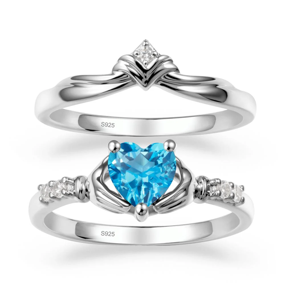 Swiss Blue Topaz Claddagh Wedding Ring Sets - Image 9