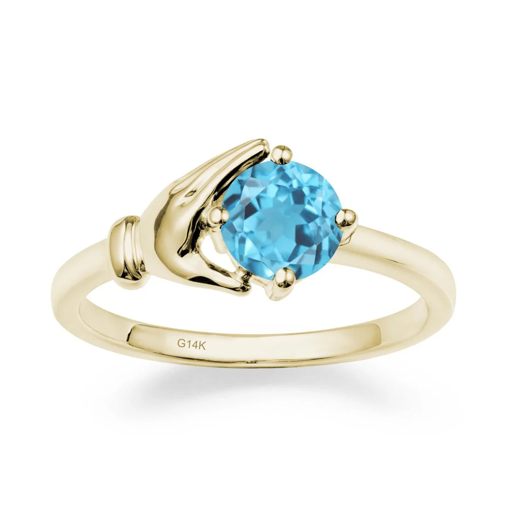 Swiss Blue Topaz Cupping Hand Ring In 14K Gold
