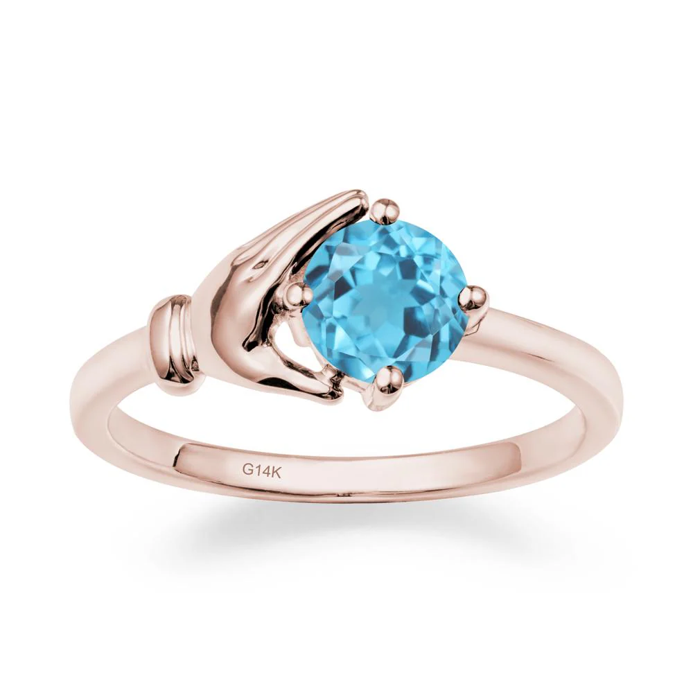 Swiss Blue Topaz Cupping Hand Ring In 14K Gold - Image 2