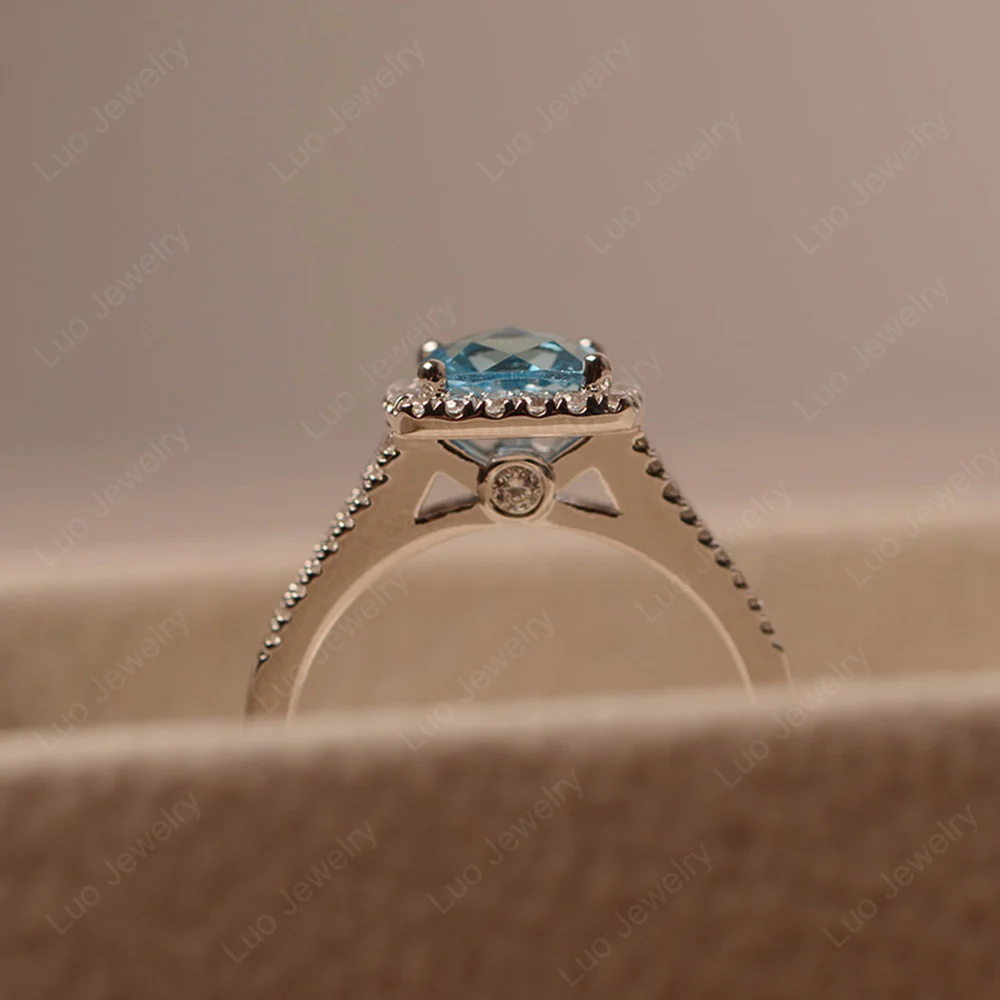 Swiss Blue Topaz Cushion Cut Halo Engagement Ring - Image 4