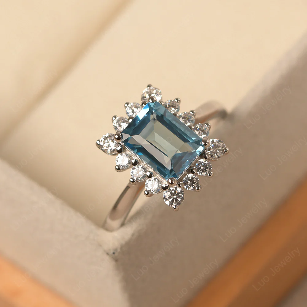 Emerald Cut Swiss Blue Topaz Halo Luxury Ring - Image 2