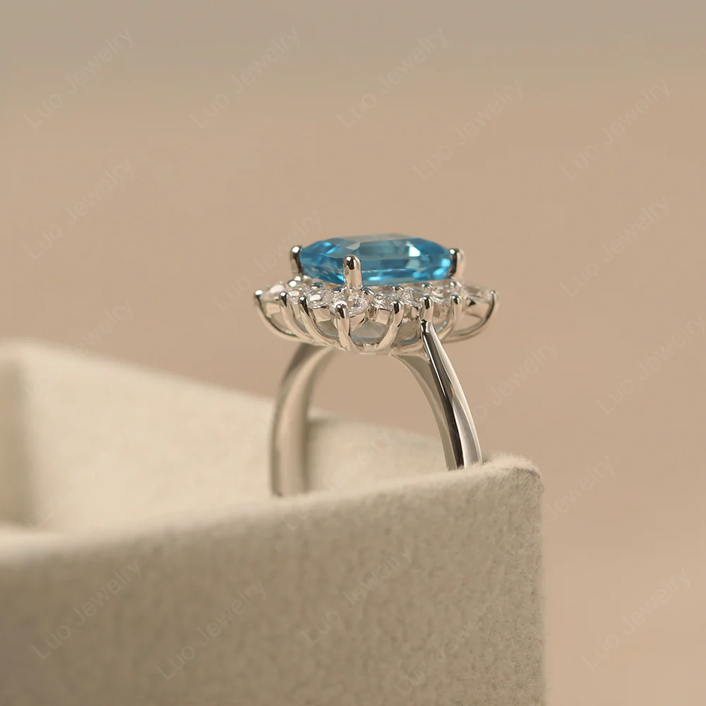 Emerald Cut Swiss Blue Topaz Halo Luxury Ring - Image 4