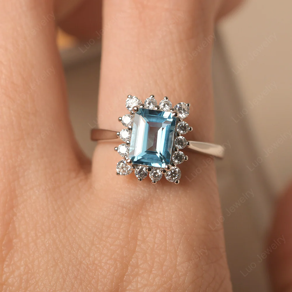 Emerald Cut Swiss Blue Topaz Halo Luxury Ring - Image 5